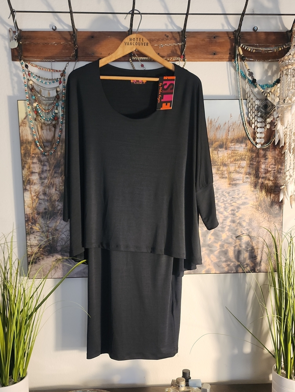 Black Layered Midi Dress with Scoop Neck by ISLE